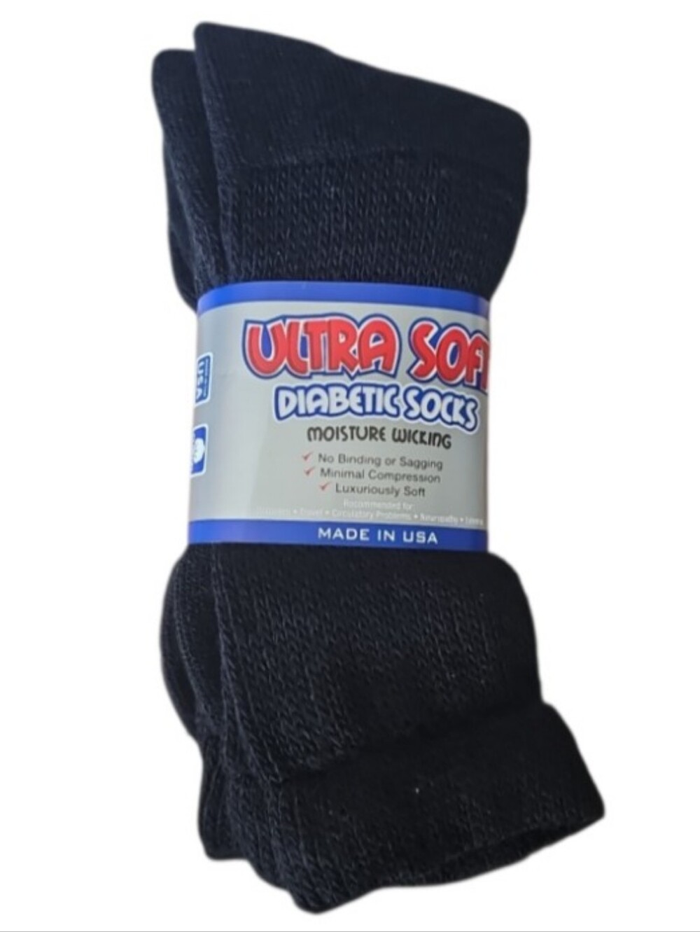 Ultra Soft Diabetic Socks Black 2 Pair Moisture Wicking Made USA Unisex 7-11